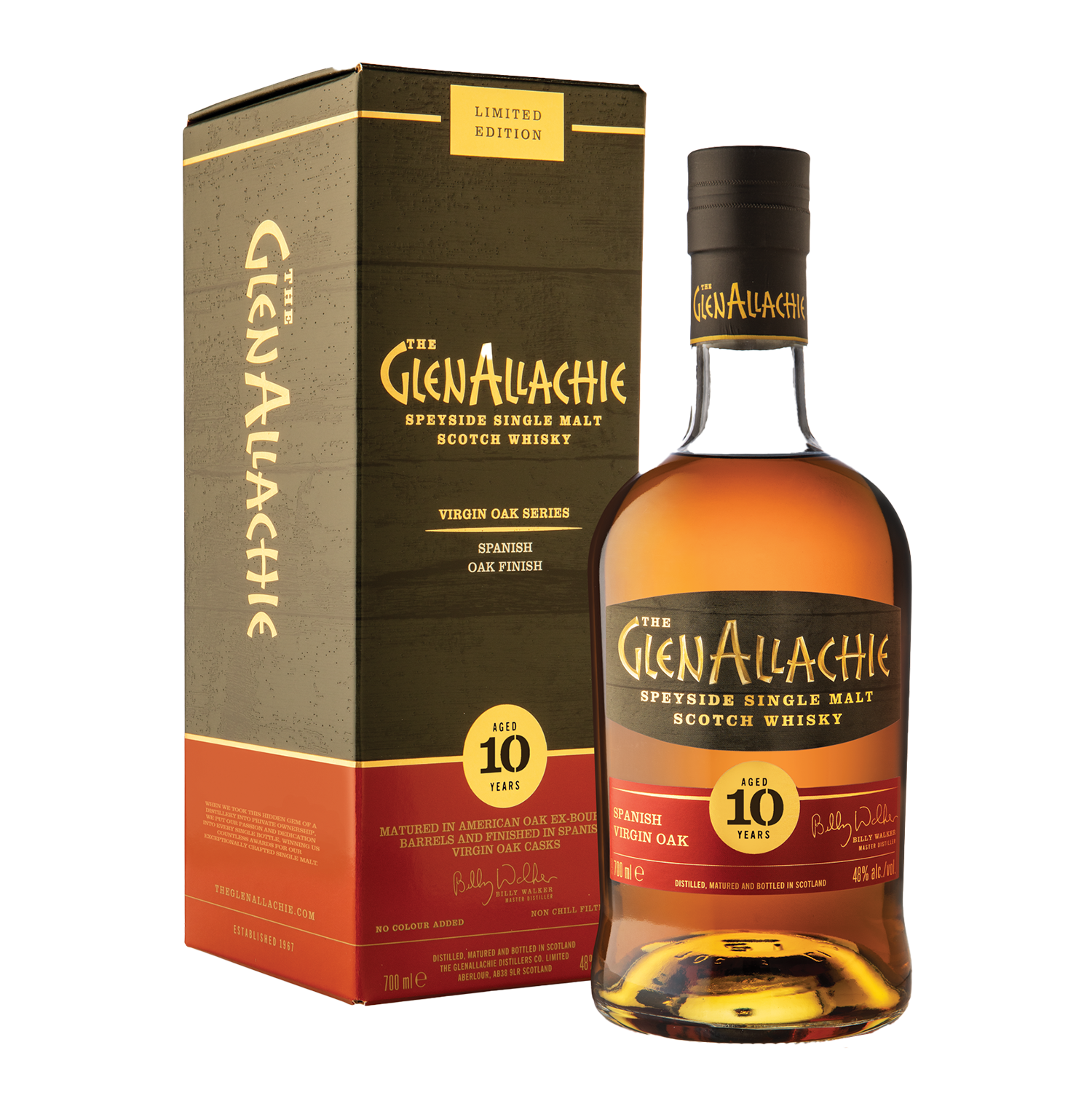 A bottle of GlenAllachie 10 Year Old Spanish Virgin Oak Single Malt Scotch Whisky stands beside its limited edition green and gold box, which features red and yellow accents and text highlighting its Spanish Virgin Oak finish.