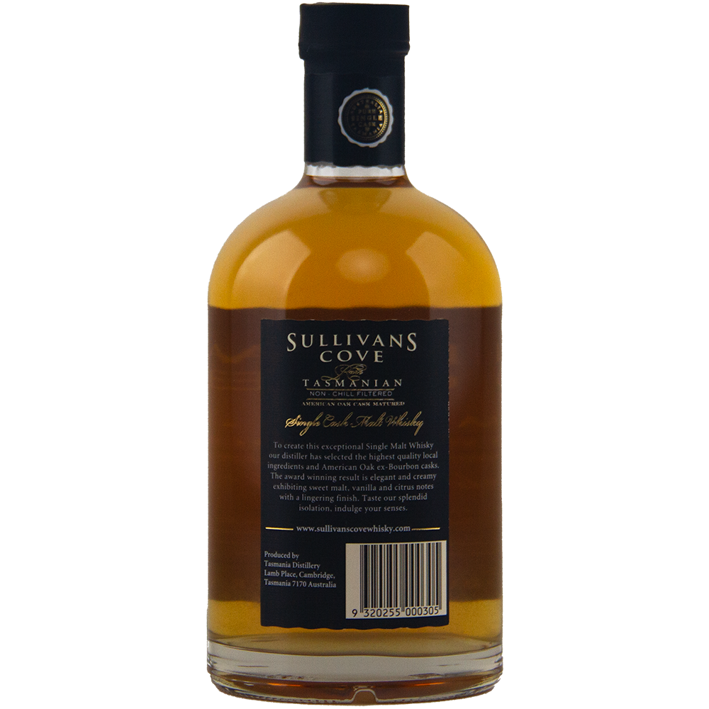 A bottle of Sullivans Cove 14 year old American Oak Cask HH0277 single malt whisky, featuring a black back label with detailed text and barcode, closed with a cork stopper, and containing amber-gold Australian whisky.