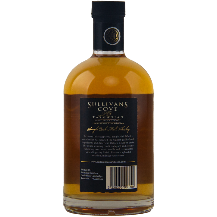 A bottle of Sullivans Cove 14 year old American Oak Cask HH0277 single malt whisky, featuring a black back label with detailed text and barcode, closed with a cork stopper, and containing amber-gold Australian whisky.