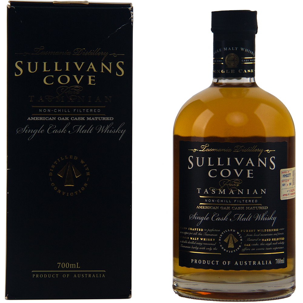 A bottle of Sullivans Cove 14 year old American Oak Cask HH0277 whisky stands beside its black and gold box. The 700ml bottle features a detailed label with gold and white text.