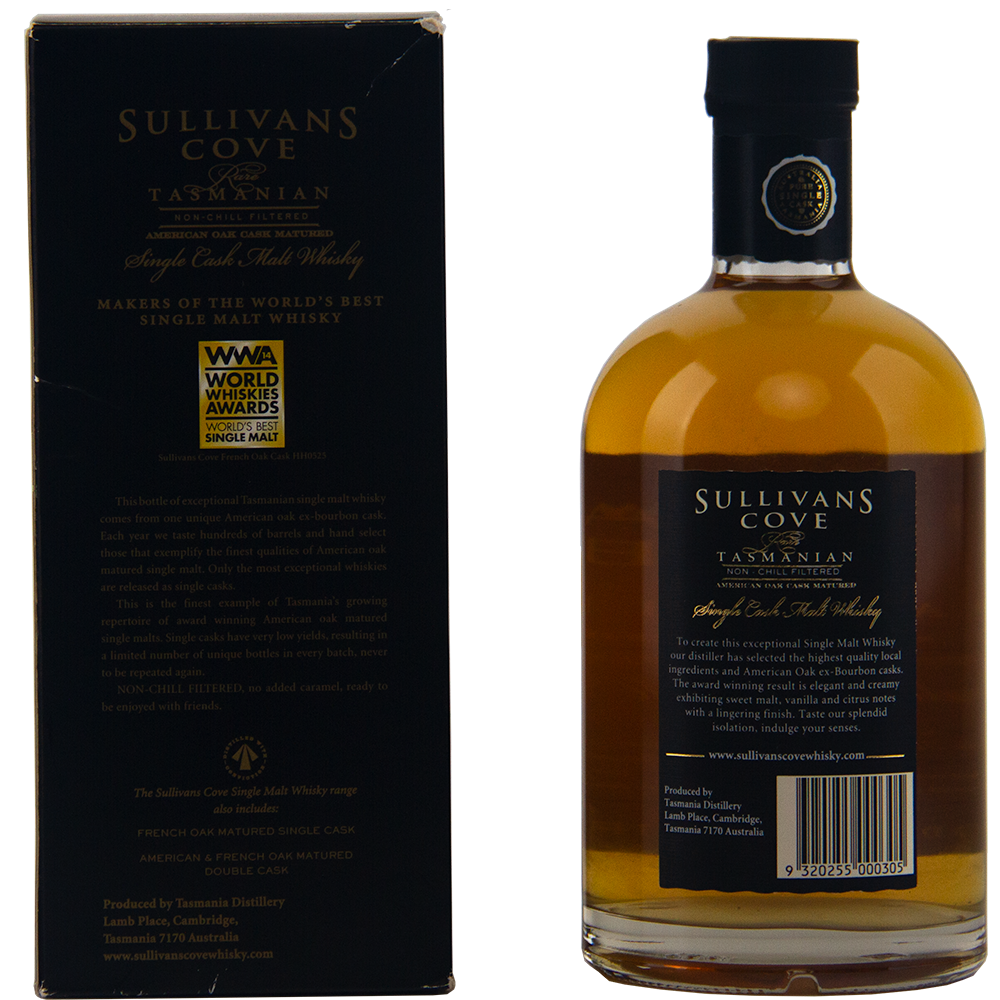 A bottle of Sullivans Cove 14 Year Old American Oak Cask HH0277 stands next to its black box, which features gold and white lettering plus a World Whiskies Awards sticker, highlighting this top-tier Australian whisky.