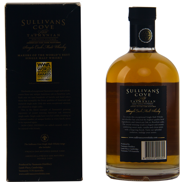 A bottle of Sullivans Cove 14 Year Old American Oak Cask HH0277 stands next to its black box, which features gold and white lettering plus a World Whiskies Awards sticker, highlighting this top-tier Australian whisky.
