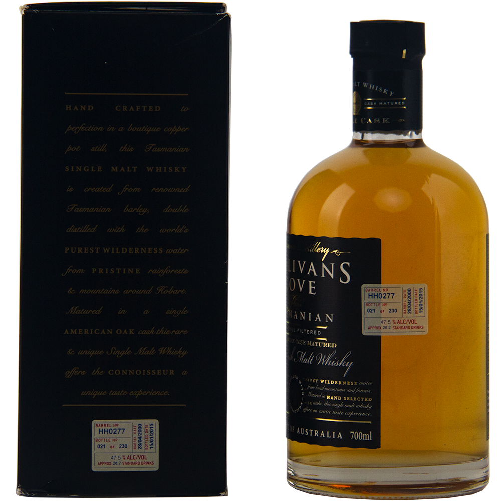 A 700ml bottle of Sullivans Cove 14 Year Old American Oak Cask HH0277, featuring a gold label, stands beside its black box with gold and white text. Crafted in Australia and matured in American oak.
