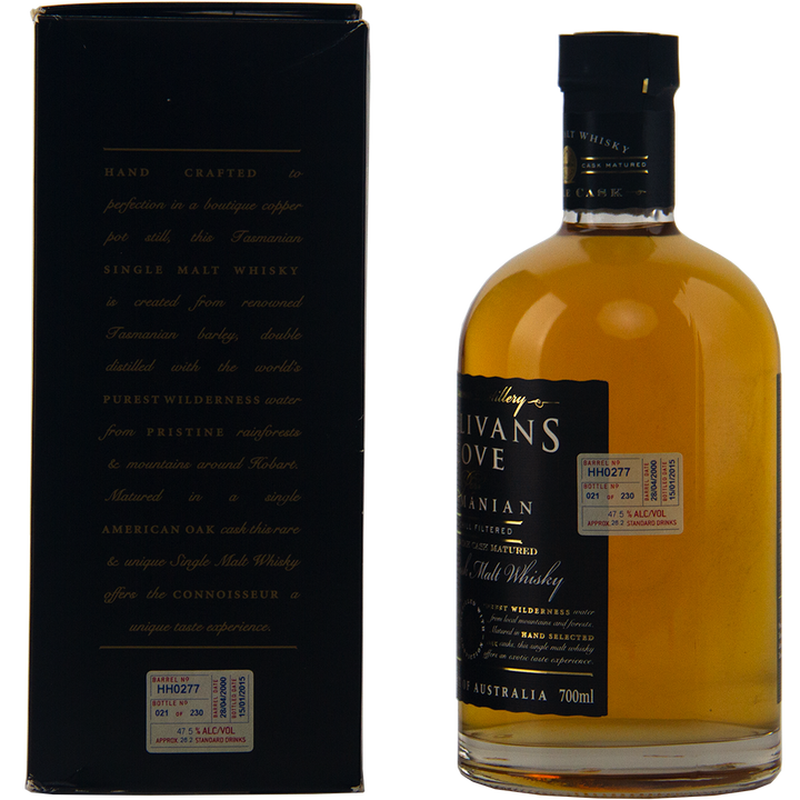 A 700ml bottle of Sullivans Cove 14 Year Old American Oak Cask HH0277, featuring a gold label, stands beside its black box with gold and white text. Crafted in Australia and matured in American oak.