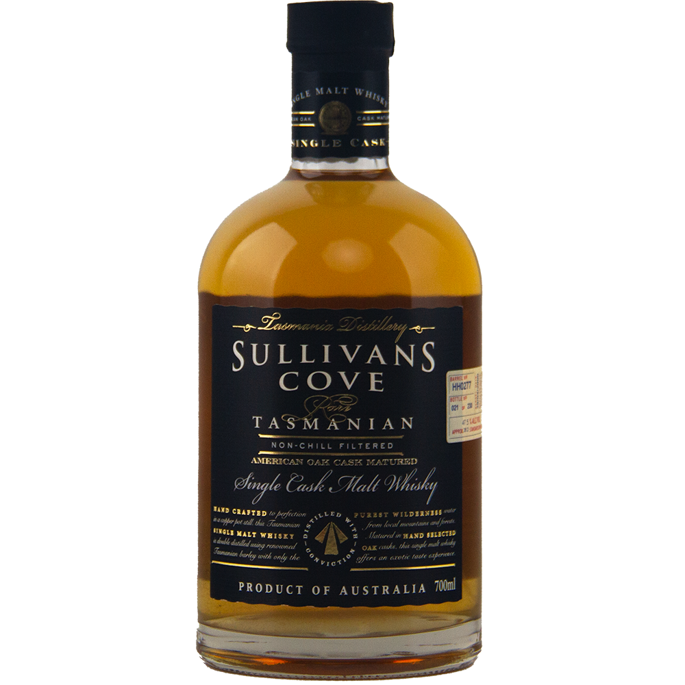 A 700ml bottle of Sullivans Cove 14 year old American Oak Cask HH0277, an Australian single malt whisky with a black and gold label, non-chill filtered and matured in American oak to showcase its Tasmanian heritage.