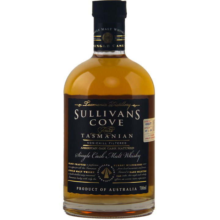 A 700ml bottle of Sullivans Cove 14 year old American Oak Cask HH0277, an Australian single malt whisky with a black and gold label, non-chill filtered and matured in American oak to showcase its Tasmanian heritage.