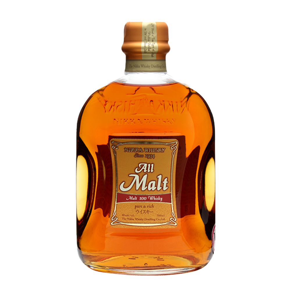A bottle of Nikka All Malt Blended Japanese Whisky with amber liquid, a gold label, and cap is displayed against a plain white background, emphasizing the refined elegance of this classic Japanese malt whisky.