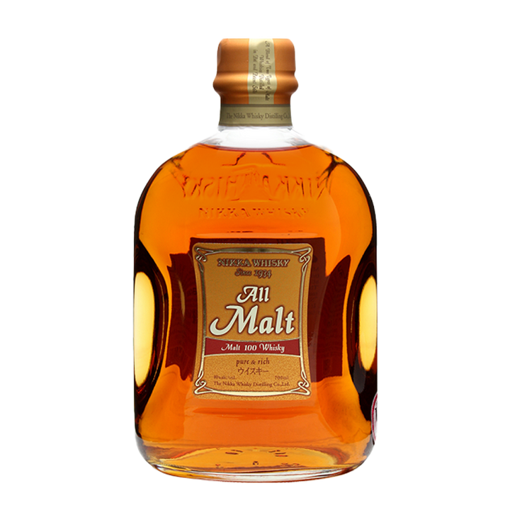A bottle of Nikka All Malt Blended Japanese Whisky with amber liquid, a gold label, and cap is displayed against a plain white background, emphasizing the refined elegance of this classic Japanese malt whisky.