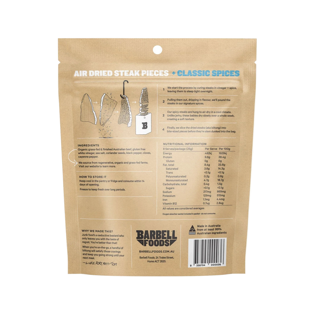 Back of Barbell Classic Air Dried Steak Organic Grass Fed Beef shows steak and pepper illustrations, ingredients with grass-fed beef, nutrition facts for this protein-packed snack, storage guidelines, and company info.