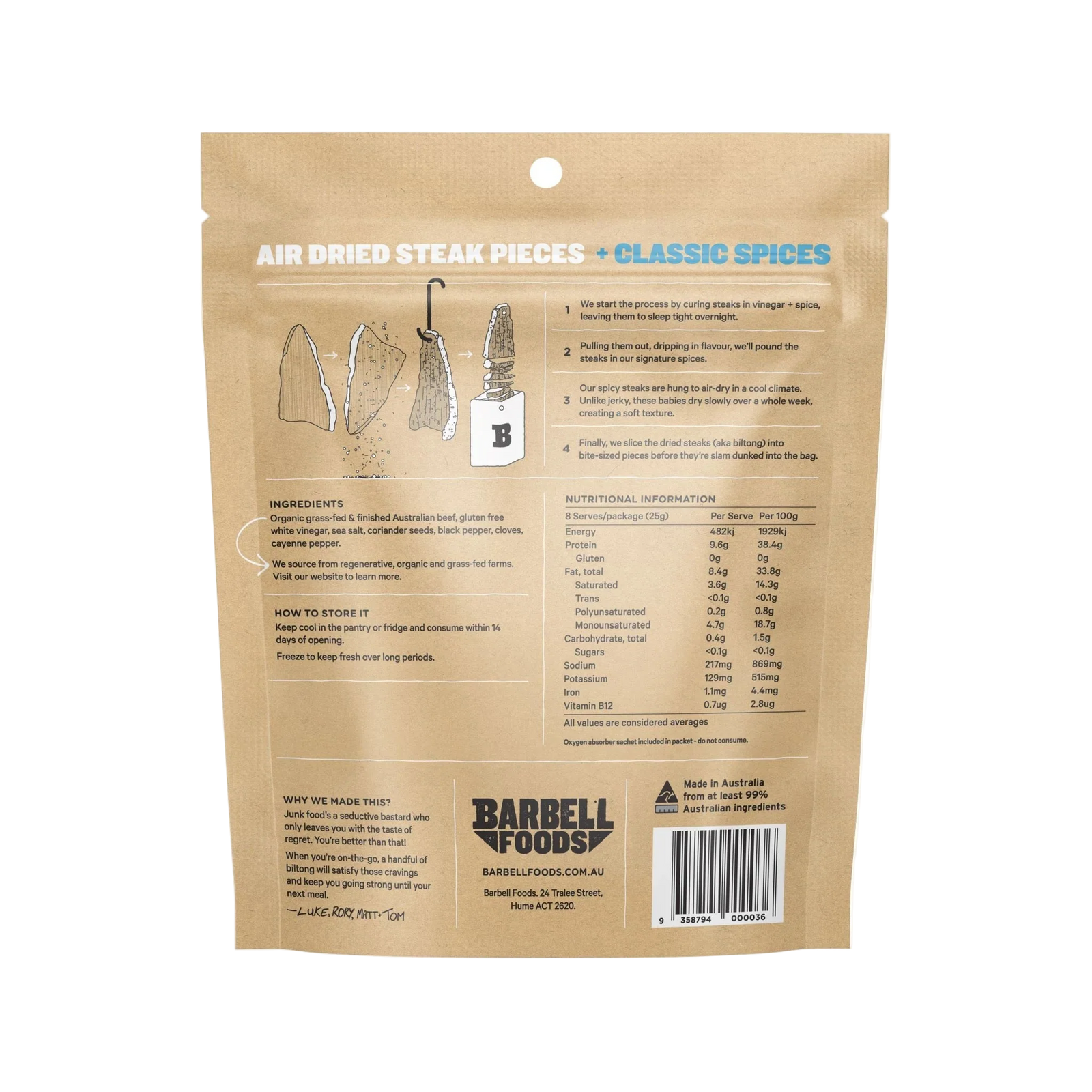 Back of Barbell Classic Air Dried Steak Organic Grass Fed Beef shows steak and pepper illustrations, ingredients with grass-fed beef, nutrition facts for this protein-packed snack, storage guidelines, and company info.