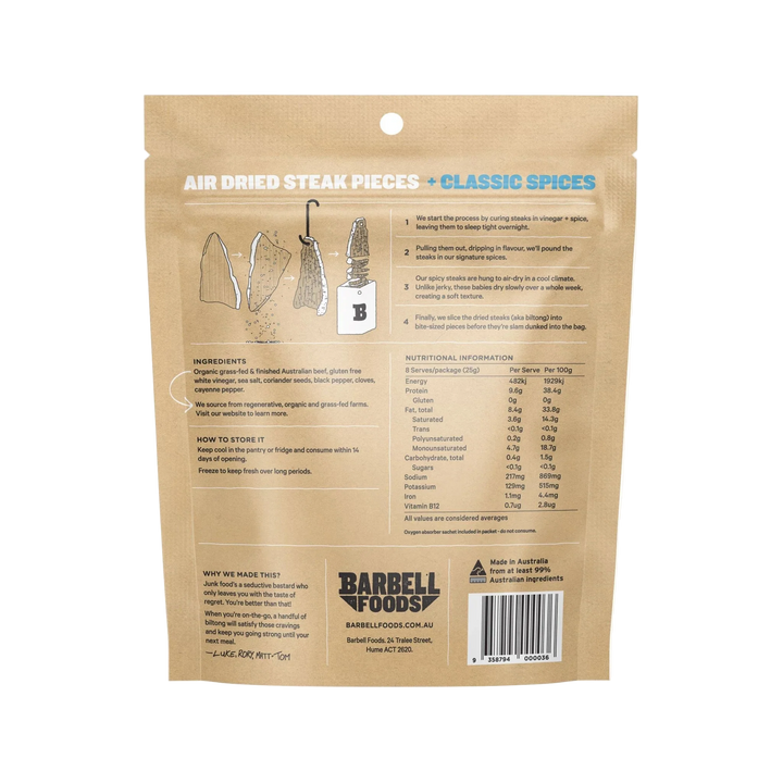 Back of Barbell Classic Air Dried Steak Organic Grass Fed Beef shows steak and pepper illustrations, ingredients with grass-fed beef, nutrition facts for this protein-packed snack, storage guidelines, and company info.