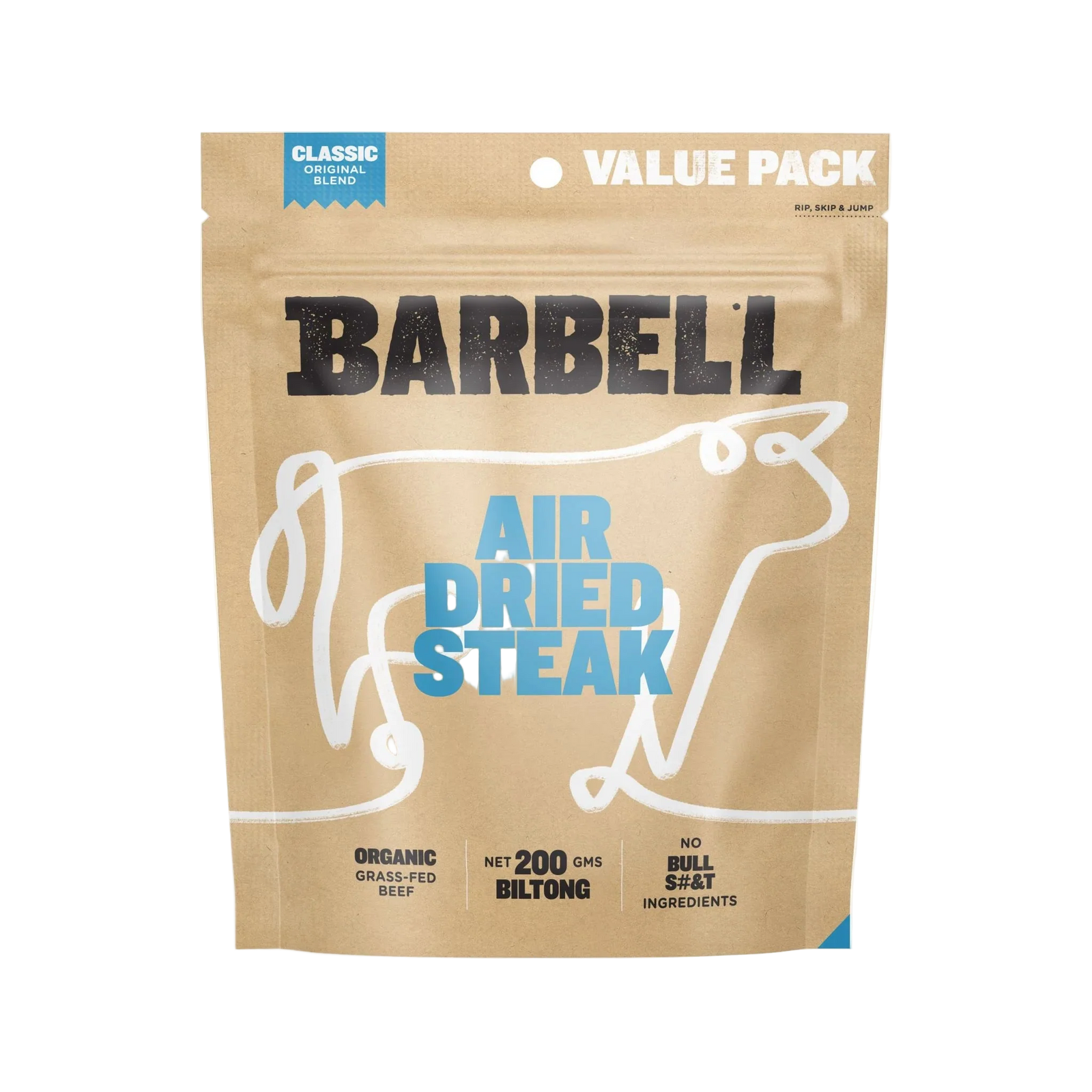 A brown resealable bag labeled Barbell Classic Air Dried Steak Organic Grass Fed Beef, featuring a cow outline. The packaging highlights 200g protein-rich biltong with no bullsh*t ingredients.
