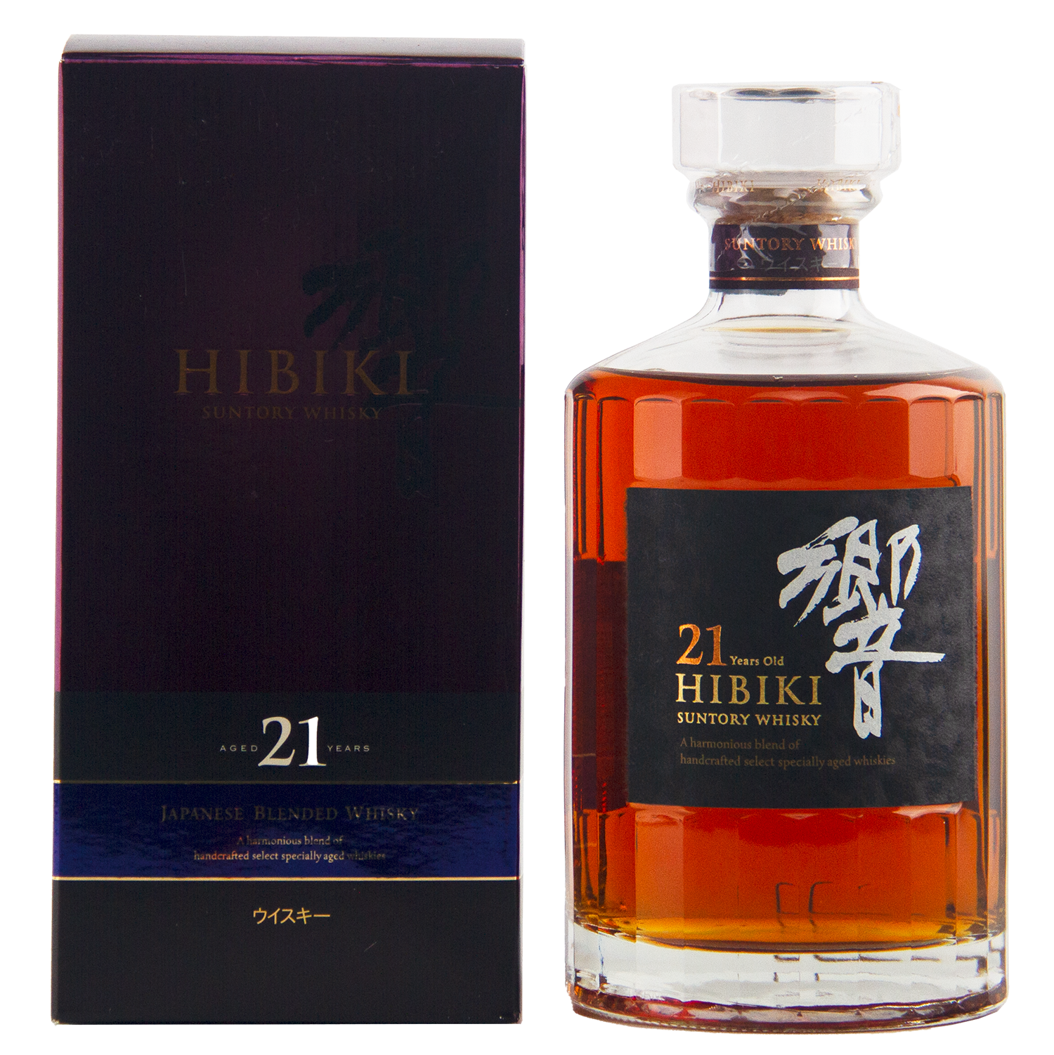 A bottle of Hibiki 21 Year Old Japanese Whisky (Older Packaging) stands next to its dark box with gold and white text. The premium release features amber whisky, a clear stopper, and Japanese characters on the label.