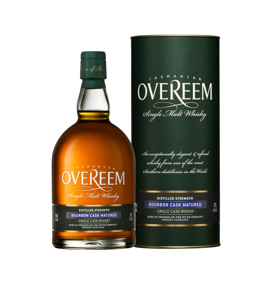 A bottle of Overeem Bourbon Cask Matured – Distiller’s Strength Australian Single Malt Whisky stands next to its green cylindrical packaging, both featuring elegant white and gold text from Overeem Distillery.