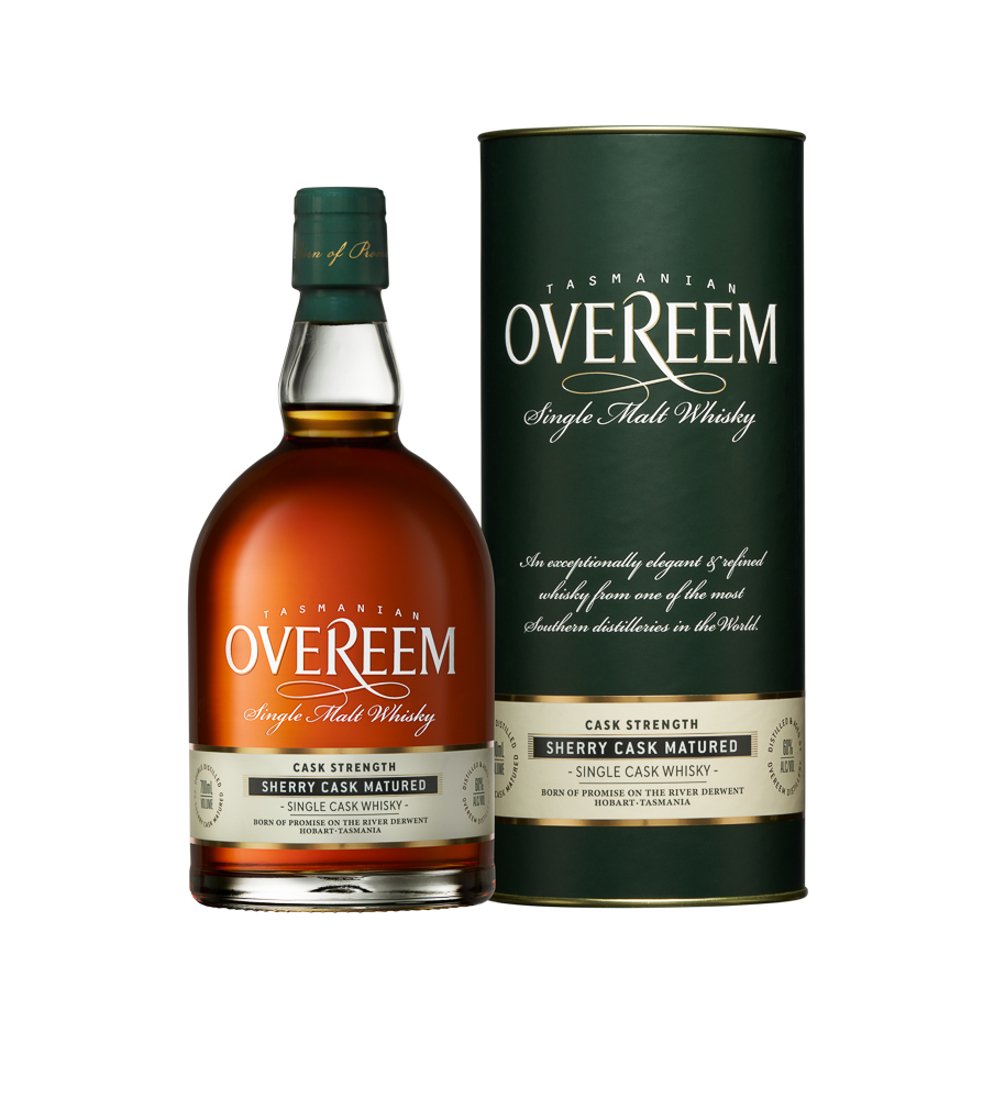 A bottle of Overeem Sherry Cask Matured – Cask Strength Australian Single Malt Whisky is placed beside its matching green cylindrical box featuring gold and white labels.