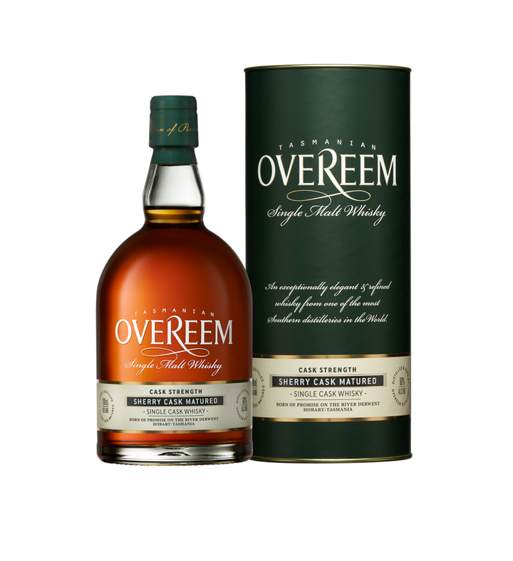 A bottle of Overeem Sherry Cask Matured – Cask Strength Australian Single Malt Whisky is placed beside its matching green cylindrical box featuring gold and white labels.
