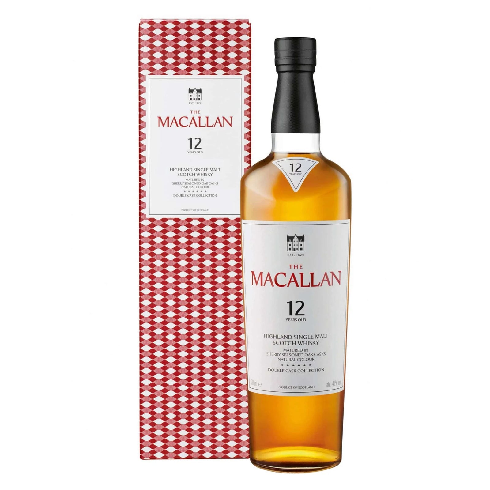 A bottle of The Macallan Double Cask 12 Year Old Single Malt Scotch Whisky stands before its patterned box, both showing the brand name and product details, matured in sherry-seasoned casks.