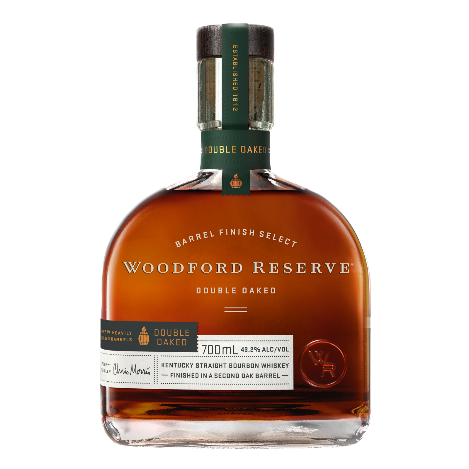 A 700 ml bottle of Woodford Reserve Double Oaked Bourbon Whiskey with a clear glass body, green and gold neck label, rich brown liquid inside, and a front label highlighting its double-barrel aging.