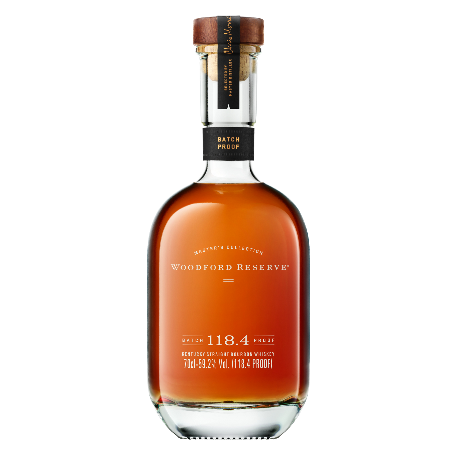 A bottle of Woodford Reserve Batch Proof 59.2% Bourbon Whiskey, 2022 edition, featuring amber liquid and a black-and-gold foil-wrapped cork top.