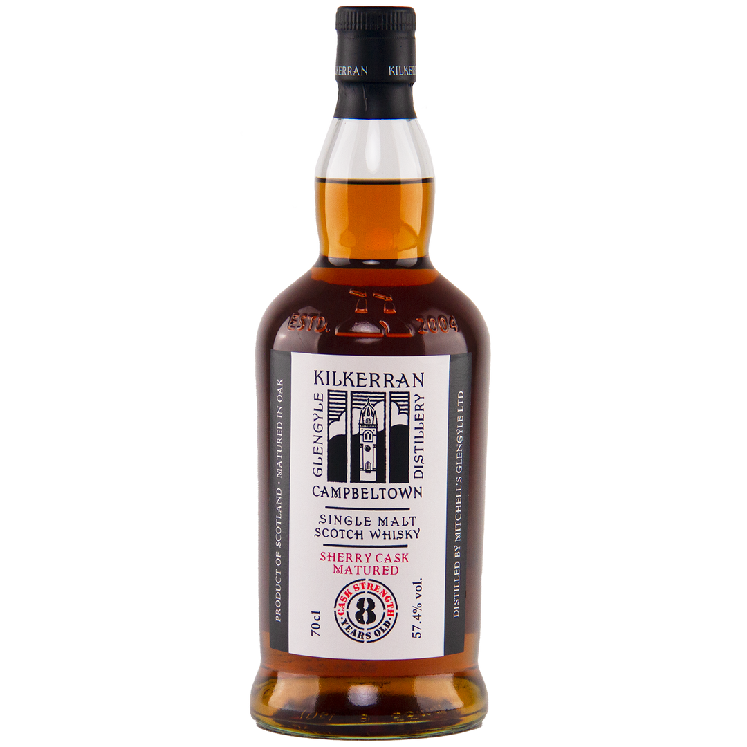 A bottle of Kilkerran 8 Year Old Sherry Cask Strength Single Malt Scotch Whisky (2024 Release) with dark amber liquid and a label displaying the Glengyle Distillery logo plus product details in black and red text.