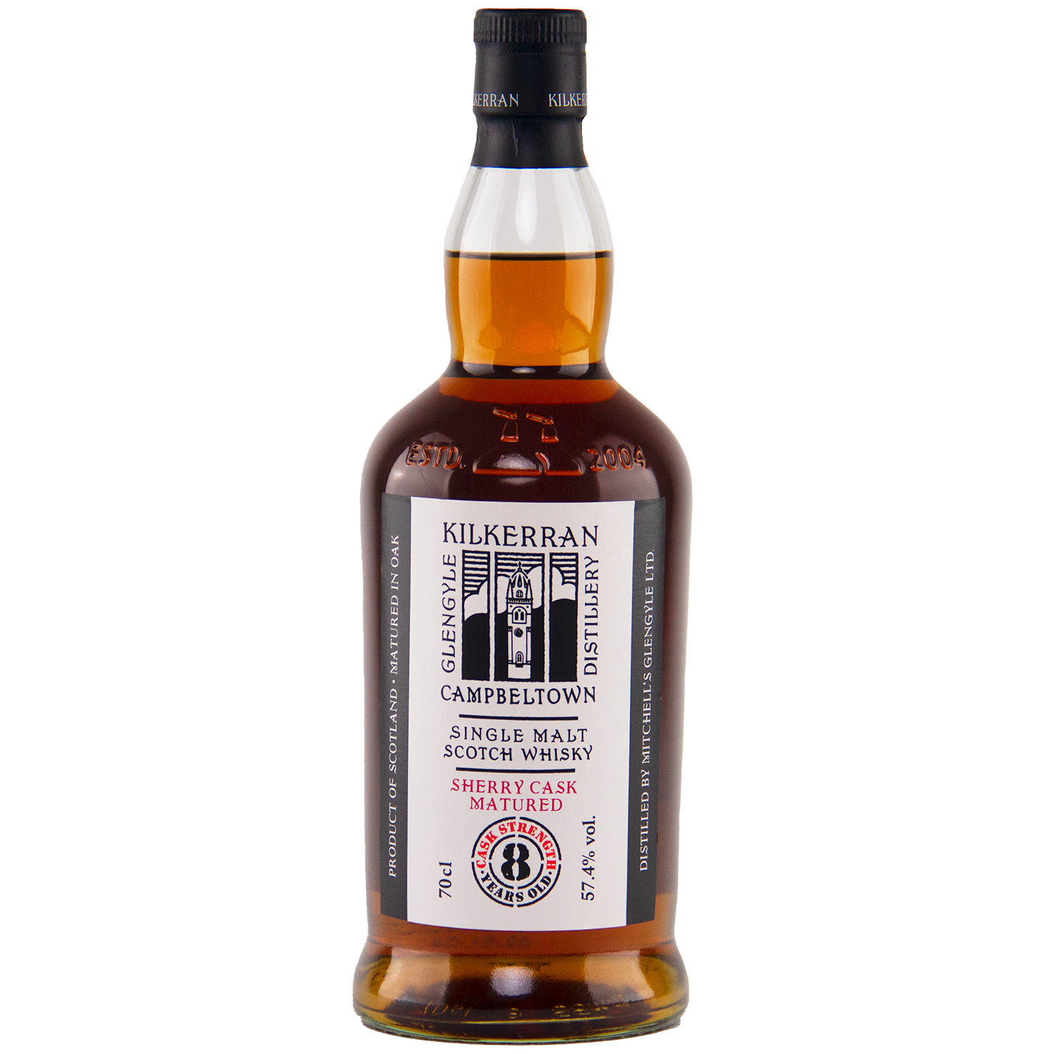 A bottle of Kilkerran 8 Year Old Sherry Cask Strength Single Malt Scotch Whisky (2024 Release) with dark amber liquid and a label displaying the Glengyle Distillery logo plus product details in black and red text.