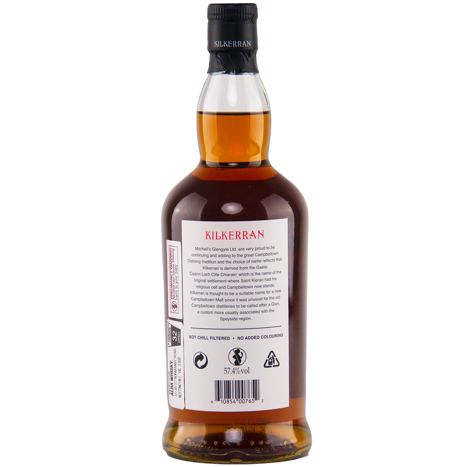 The back of a Kilkerran 8 Year Old Sherry Cask Strength Single Malt Scotch Whisky (2024 Release) bottle displays detailed branding and product information, with the amber liquid visible through the clear glass.