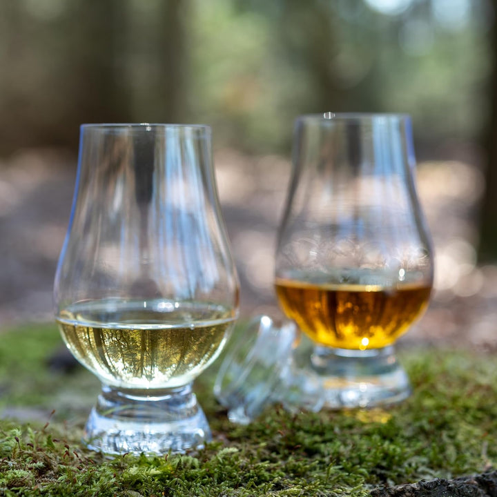 A pair of Glencairn Original Crystal Whisky Glasses (set of 2 in travel case) with amber liquid rest on moss outdoors, ideal for a whisky tasting in nature as sunlight filters through the blurred forest background.
