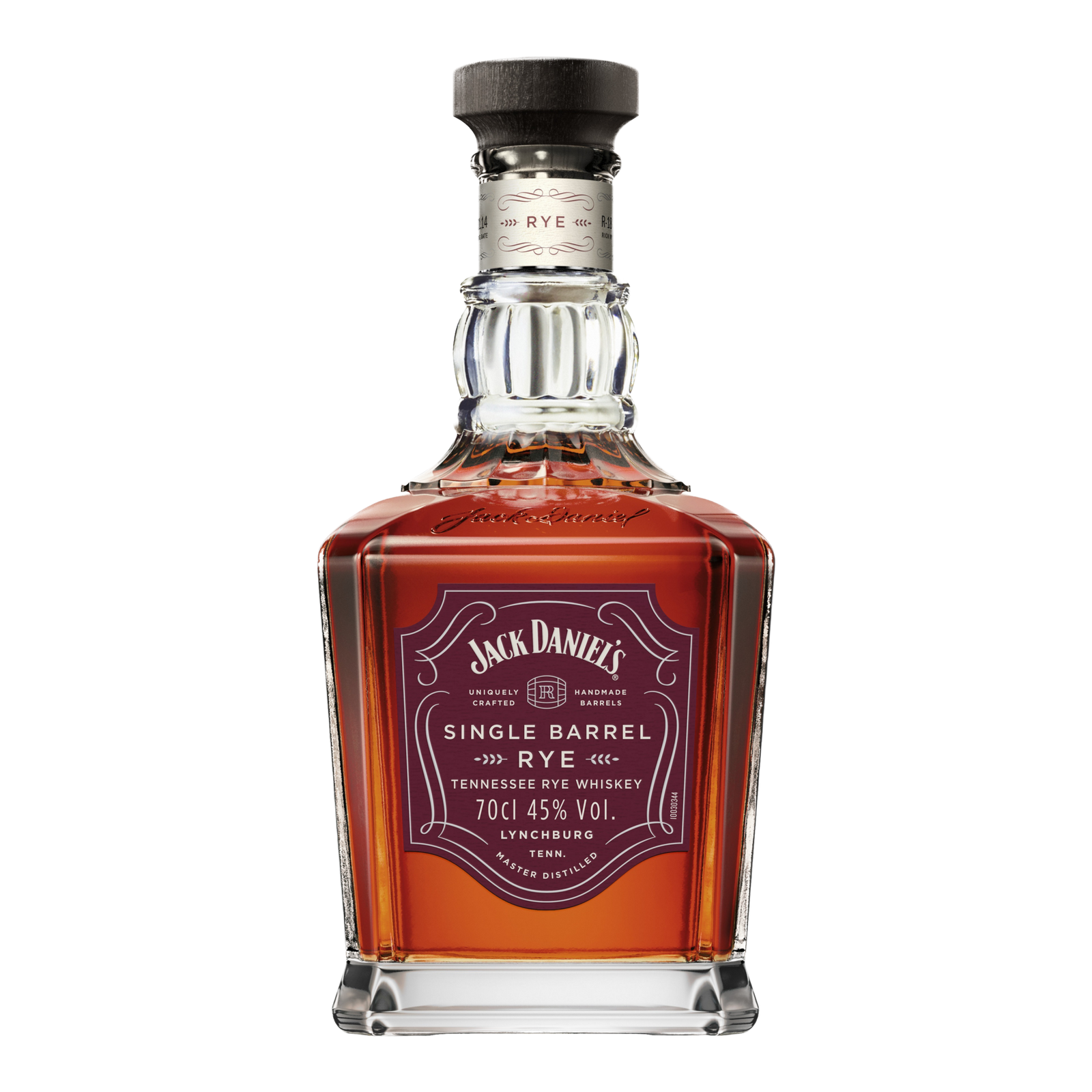 A bottle of Jack Daniel's Single Barrel 4 Year Old Rye Whiskey—a premium Tennessee rye—comes in a square decanter, has a black label with silver and purple accents, is 45% ABV, and holds 70cl.