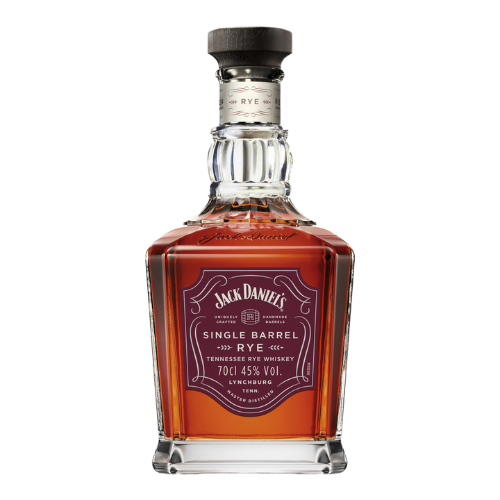 A bottle of Jack Daniel's Single Barrel 4 Year Old Rye Whiskey—a premium Tennessee rye—comes in a square decanter, has a black label with silver and purple accents, is 45% ABV, and holds 70cl.