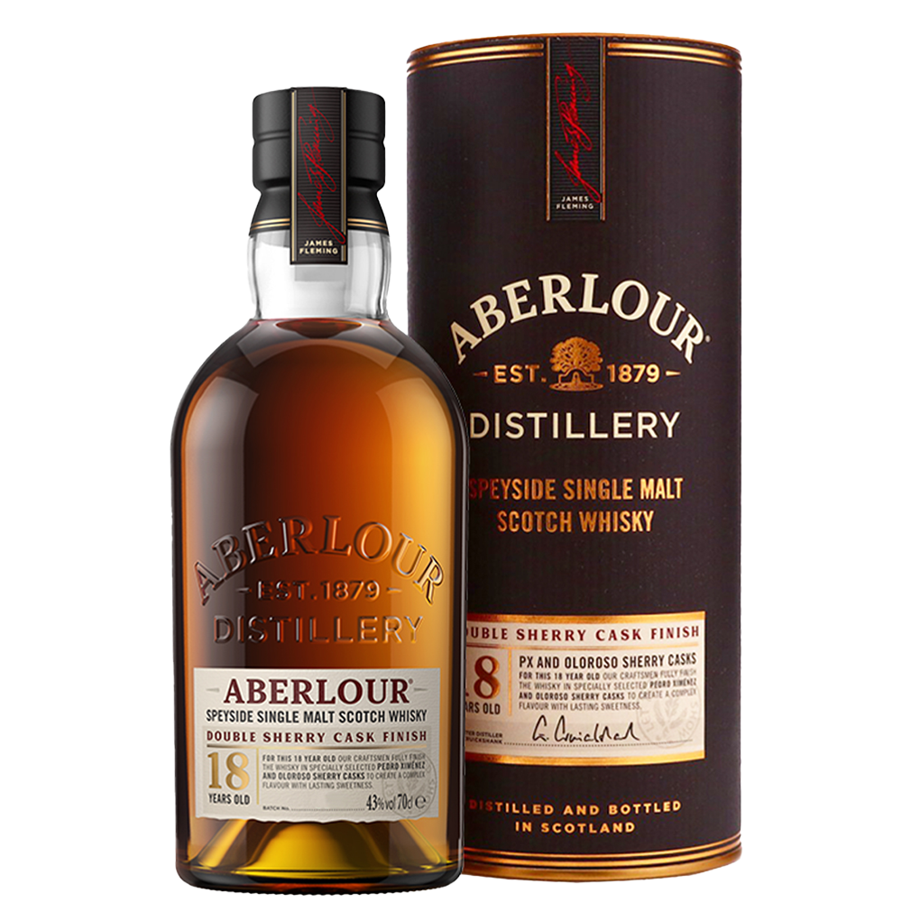 A bottle of Aberlour 18 Year Old Single Malt Scotch Whisky stands beside its cylindrical box, both adorned with gold and red accents and detailed labels.