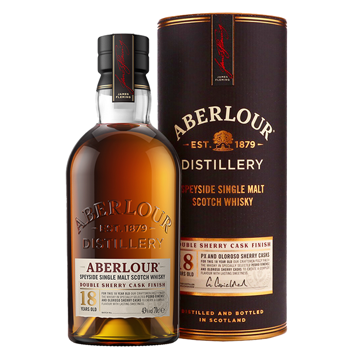 A bottle of Aberlour 18 Year Old Single Malt Scotch Whisky stands beside its cylindrical box, both adorned with gold and red accents and detailed labels.
