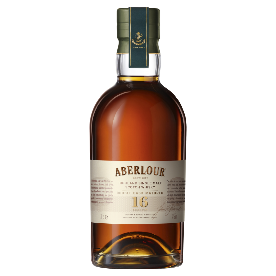 A bottle of Aberlour 16 Year Old Double Cask Single Malt Scotch Whisky with a green cap, cream label, and amber liquid is shown against a plain white background.