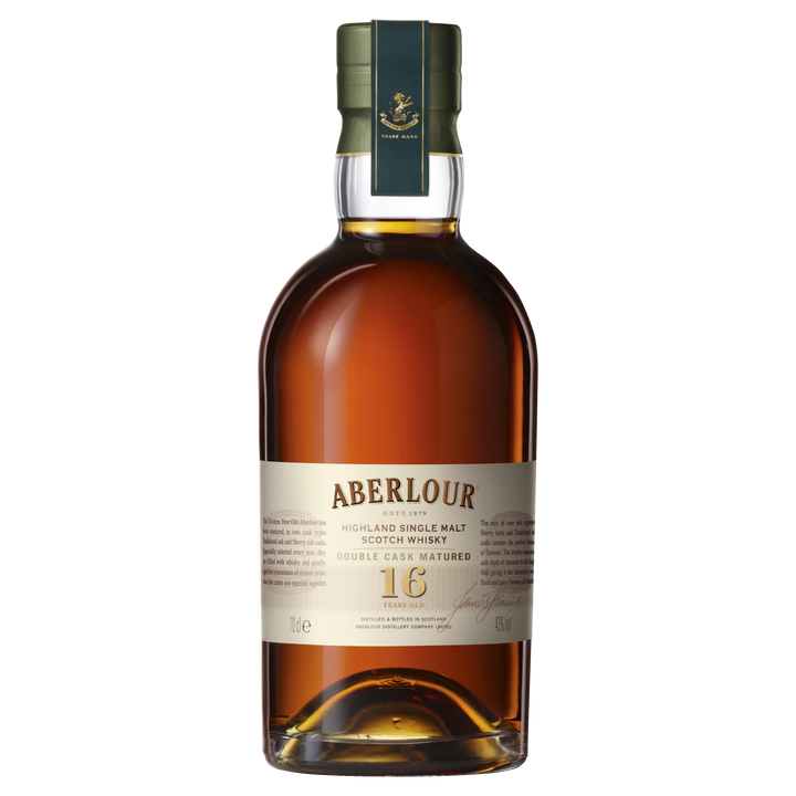 A bottle of Aberlour 16 Year Old Double Cask Single Malt Scotch Whisky with a green cap, cream label, and amber liquid is shown against a plain white background.