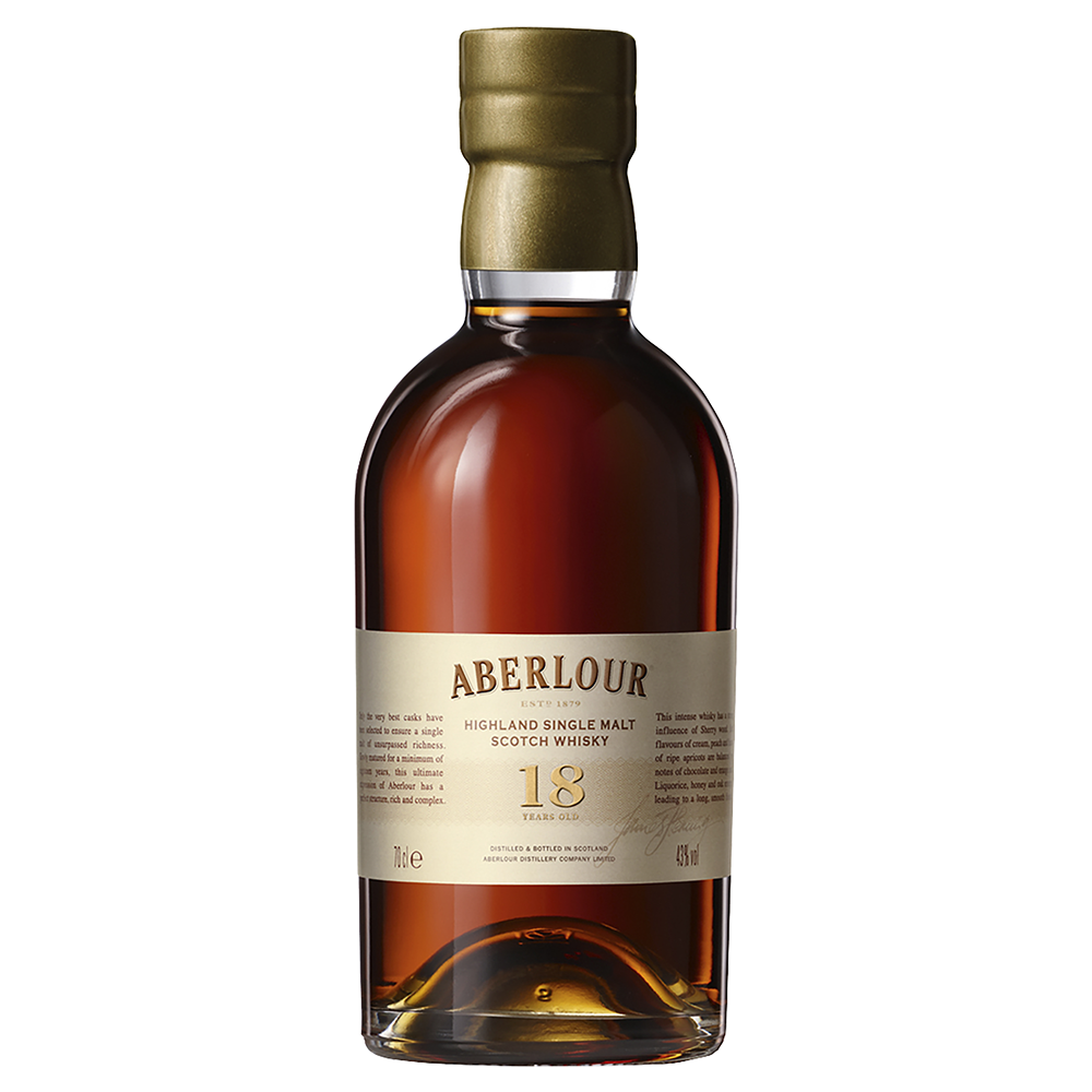 A bottle of Aberlour 18 Year Old Single Malt Scotch Whisky with a gold foil cap and cream label. The deep amber whisky inside offers exceptional depth and character.