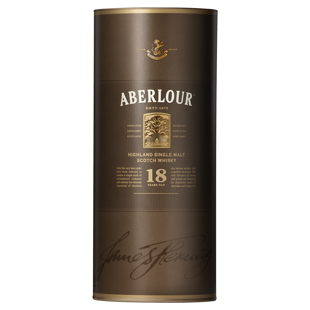 A cylindrical brown container of Aberlour 18 Year Old Single Malt Scotch Whisky featuring gold lettering, a tree logo, and a signature at the bottom.