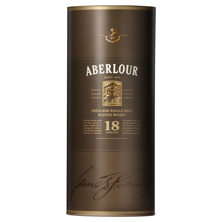 A cylindrical brown container of Aberlour 18 Year Old Single Malt Scotch Whisky featuring gold lettering, a tree logo, and a signature at the bottom.