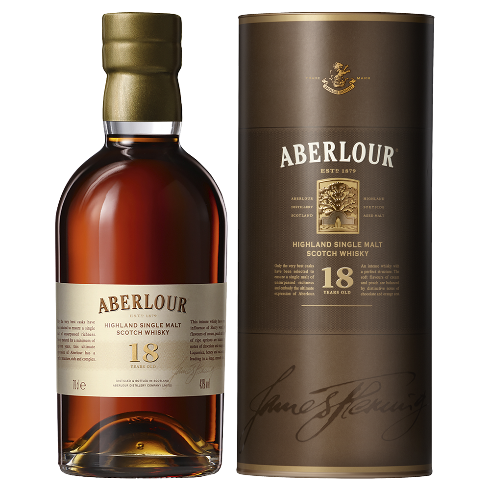 A bottle of Aberlour 18 Year Old Single Malt Scotch Whisky stands next to its cylindrical packaging, both featuring gold and cream labels with the Aberlour name displayed prominently.