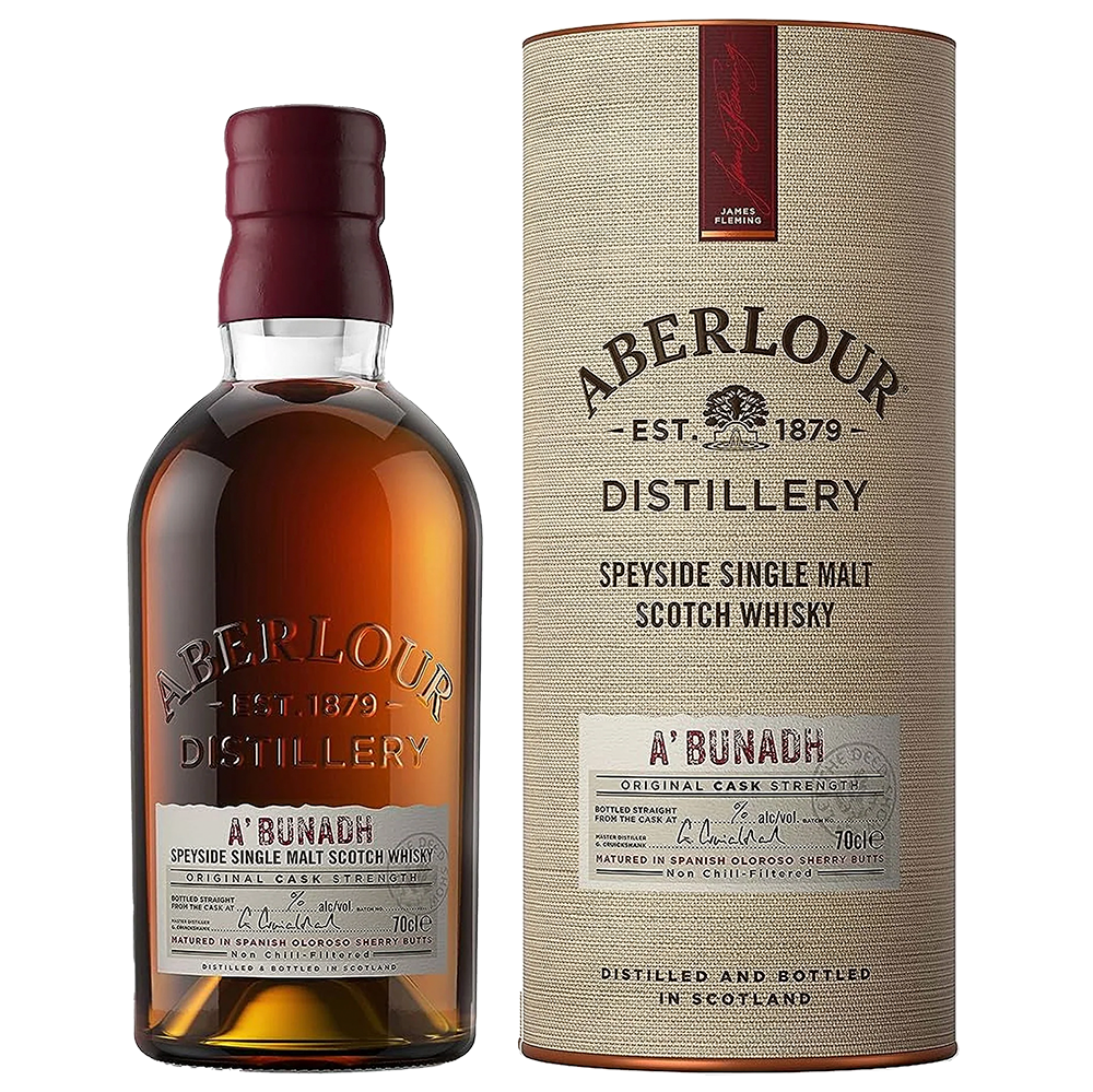 A bottle of Aberlour A’bunadh Single Malt Scotch Whisky stands by its cylindrical packaging, both featuring the brand name and whisky details. This cask strength whisky offers rich, bold flavor and sherry cask character.