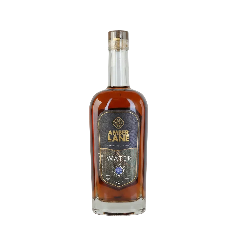 A bottle of Amber Lane Water Australian Single Malt Whisky, featuring a clear glass bottle filled with amber liquid, a dark textured label with gold lettering, and a silver cap, isolated on a white background.