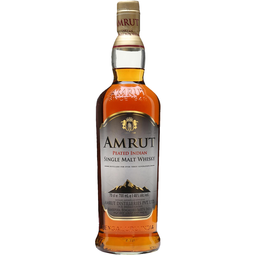 A bottle of Amrut Peated Indian Single Malt Whisky featuring a gold and white label with a mountain graphic and gold text, filled with rich amber peated whisky.