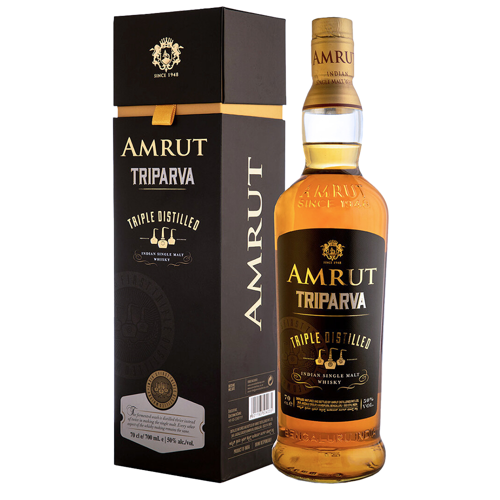 A bottle of Amrut Triparva Indian Single Malt whisky is displayed beside its sleek black and gold box, both adorned with gold lettering and accents emphasizing the whisky's signature triple distillation.