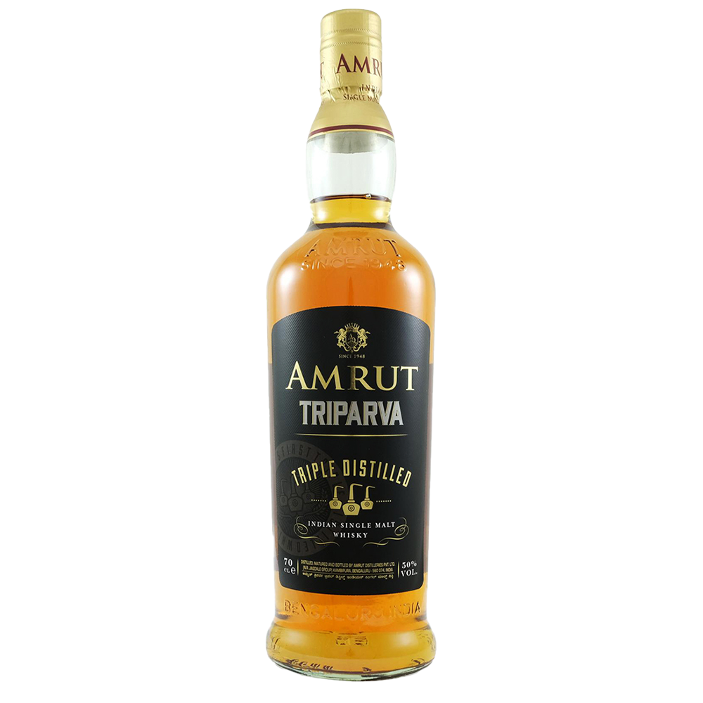 A bottle of Amrut Triparva Indian Single Malt whisky, featuring triple distillation and a black-and-gold label with elegant gold accents, is shown against a plain white background.
