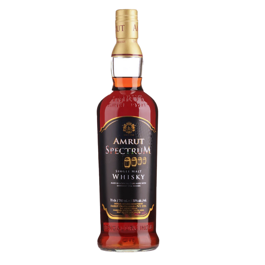A bottle of Amrut Spectrum Indian Single Malt Whisky with a black and gold label highlights its innovative cask maturation and renowned single malt qualities, set against a plain white background.