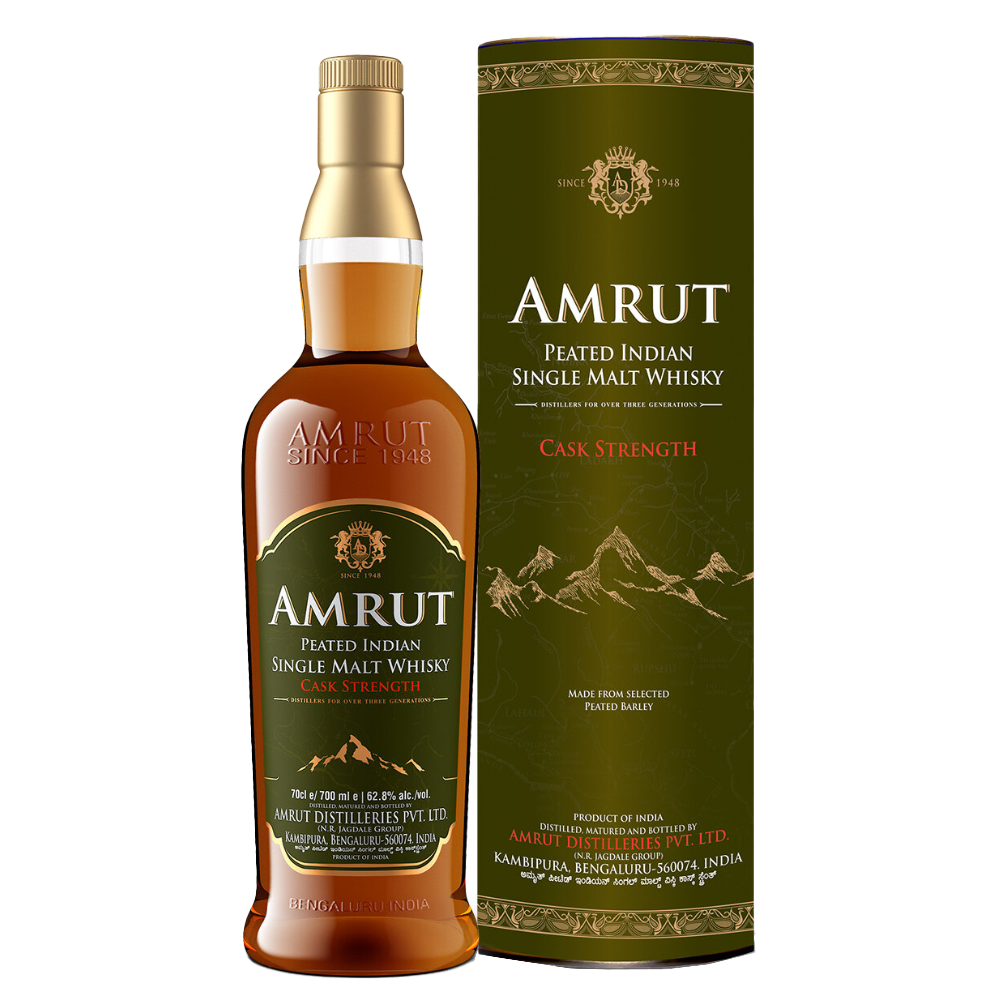 A bottle of Amrut Peated Cask Strength Indian Single Malt Whisky with its cylindrical box, showcasing gold and white text plus mountain illustrations on a dark green background.
