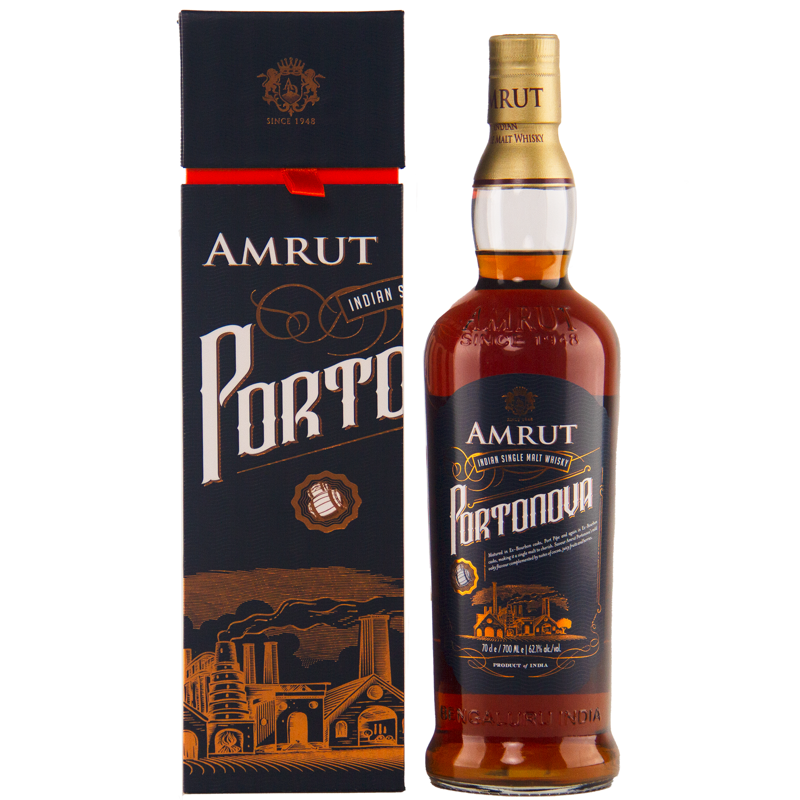 A bottle of Amrut Portonova Indian Single Malt Whisky stands beside its sleek black and gold box, adorned with distillery artwork and bold branding.