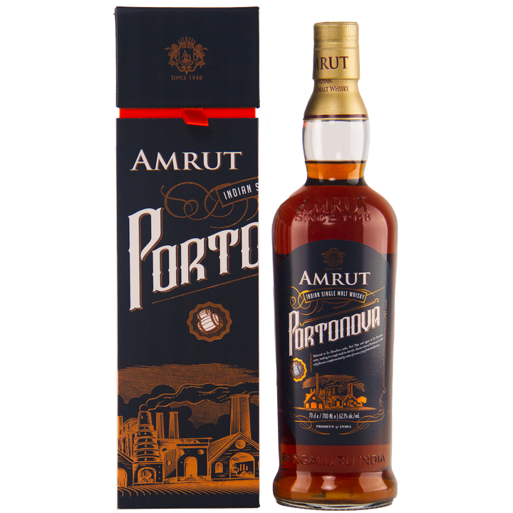A bottle of Amrut Portonova Indian Single Malt Whisky stands beside its sleek black and gold box, adorned with distillery artwork and bold branding.