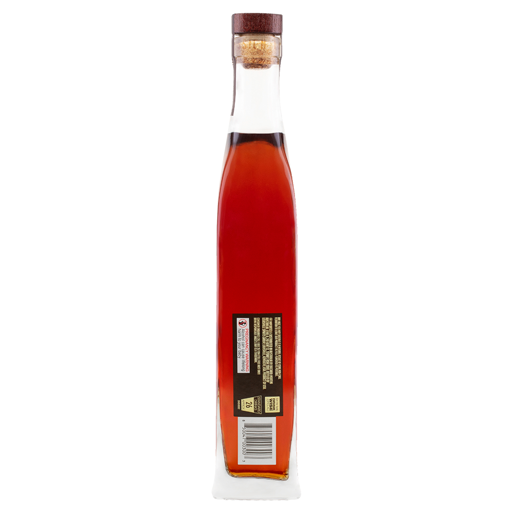 A tall, clear glass bottle of Angel's Envy Kentucky Straight Bourbon Whiskey has amber liquid and a cork with a wooden cap. Its rectangular label features gold and black, notes the port wine cask finish, and displays a barcode.