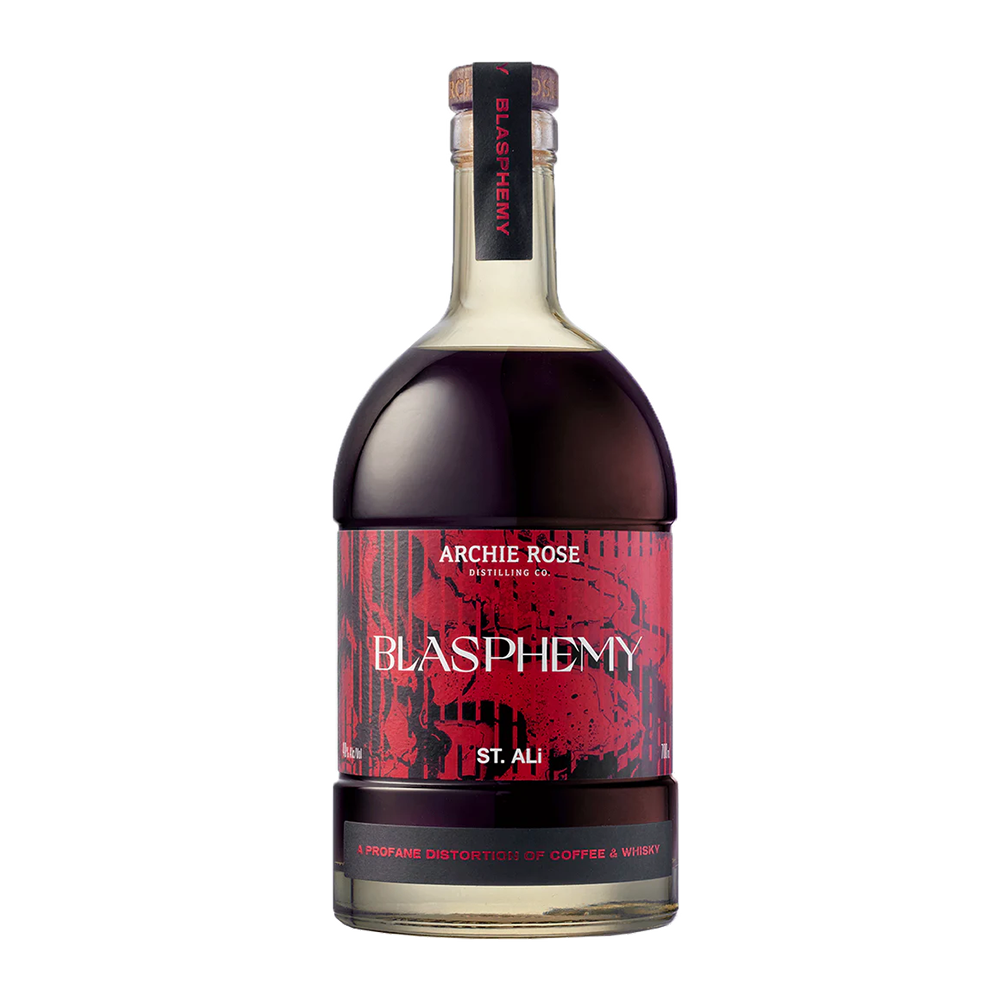 A bottle of Archie Rose x St Ali Blasphemy Coffee Whisky features a dark liquid, bold red "BLASPHEMY" label with "A profane distortion of coffee whisky," plus a sealed, labeled cap.