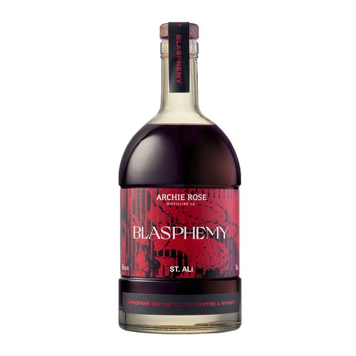 A bottle of Archie Rose x St Ali Blasphemy Coffee Whisky features a dark liquid, bold red "BLASPHEMY" label with "A profane distortion of coffee whisky," plus a sealed, labeled cap.