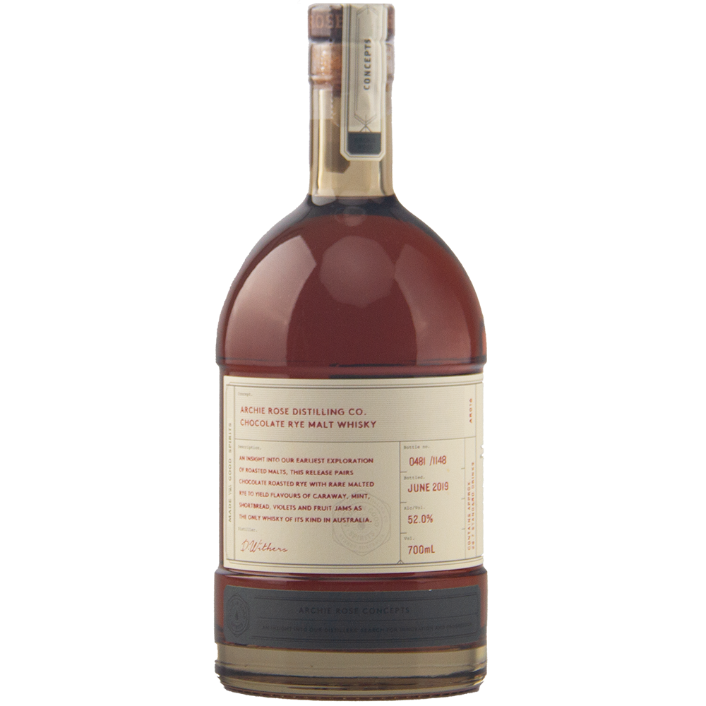 Archie Rose Chocolate Rye Malt Whisky 700ml is a limited edition Australian whisky with a cream label, red text, wax-sealed neck, and amber-brown spirit visible inside the bottle.